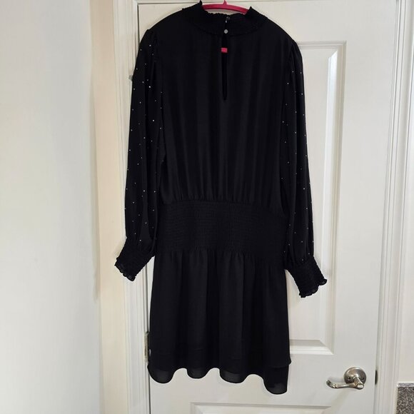 White House Black Market Long Sleeve Smocked Blouson Dress - Black W Rhinestones - Picture 2 of 10